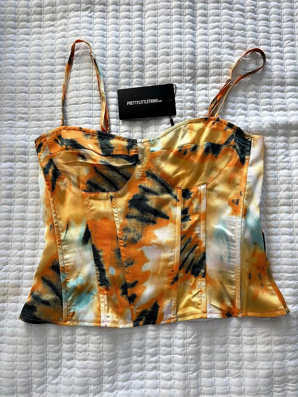 PrettyLittleThing Orange Tie Dye Print Structured Corset Top Structured Corset
